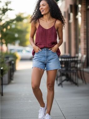 Sundance Wine-Red Crochet-Front Spaghetti Strap Cami